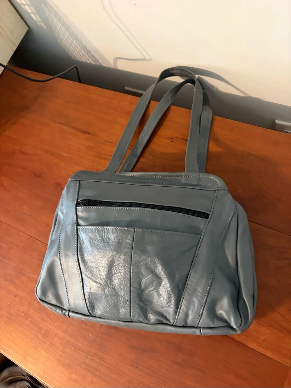 Vintage Y2K Gray Genuine Leather Shoulder Bag Minimalist Multi Pocket Purse